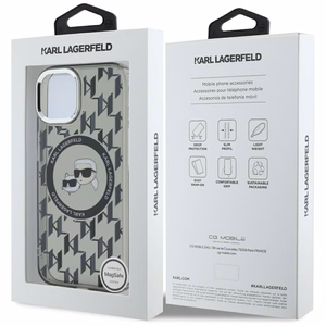 Karl Lagerfeld IML Monograma Karl & Choupette Head Magnetinis iPhone 15 Plus dėklas - juodas