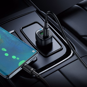 Juodas automobilinis įkroviklis „Borofone BZ34B Cloud“ USB-A + USB-C, QC 3.0, PD, 38 W, su USB-C–USB-C laidu