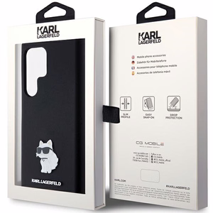 Karl Lagerfeld silikoninis Choupette metalinis smeigtukas dėklas telefonui Samsung Galaxy S23 Ultra - juodas