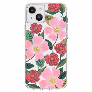 Rifle Paper Clear dėklas, skirtas iPhone 14 Plus, su aukso spalvos dekoru, „Rose Garden“ rašto