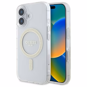 Guess GUHMP16MHFGERET iPhone 16 Plus 6.7" skaidrus kietas dėklas IML Glitter Circle Magnetinis