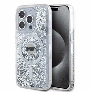 Karl Lagerfeld Skystas blizgutis Karl Head Magnetinis dėklas telefonui iPhone 15 Pro – permatomas