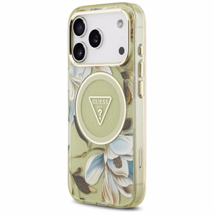 GUESS dėklas telefonui IPHONE 17 Pro Max, suderinamas su MagSafe GUHMP17XHFLPEDN (IML metalizuotos blizgios gėlės trikampis) žalias