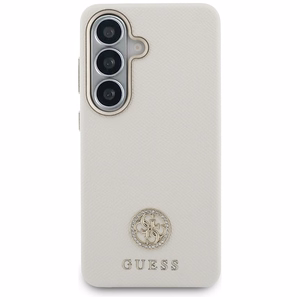 Guess dėklas Rhinestone Round Logo MagSafe skirtas Samsung Galaxy S26 smėlio spalvos