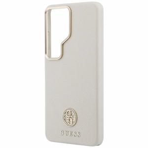 Guess dėklas Rhinestone Round Logo MagSafe skirtas Samsung Galaxy S26 Ultra smėlio spalvos