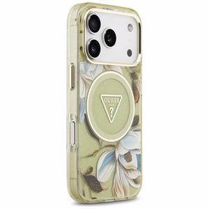 GUESS dėklas telefonui IPHONE 17 Pro Max, suderinamas su MagSafe GUHMP17XHFLPEDN (IML metalizuotos blizgios gėlės trikampis) žalias