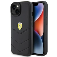 Ferrari dygsniuotas metalo logotipa dėklas iPhone 15 – juodas