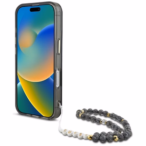 Guess Dėklas telefonui iPhone 16 su MagSafe – palmių medžių motyvas, trikampio formos perlų dirželis, juodas