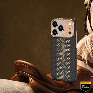 Juodas „Benks Magnetic Armor Air Knight“ kevlaro dėklas su metaliniu rėmeliu (C.K.FL.AP.GD.X072), skirtas iPhone 18 Pro / iPhone 17 Pro