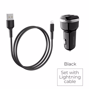 Borofone BZ13 Extreme car charger with 2 USB-A ports, 12 W, with Lightning cable, black