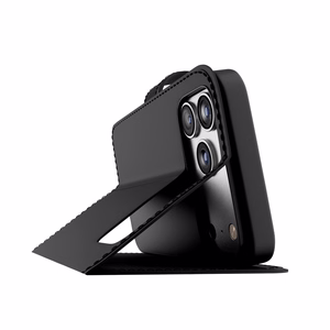 Puro dėklas telefonui su stovu iPhone 17 Pro Max pagamintas iš ekologiškos odos, su atvartu, pinigine ir stovo funkcija - juodas