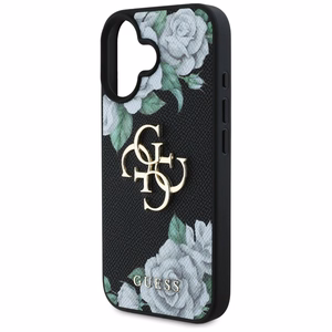 Guess Grained Roses Big 4G logo dėklas telefonui iPhone 16 - juodas