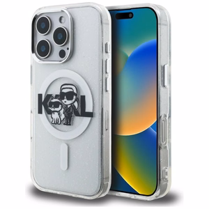 Karl Lagerfeld IML Glitter Karl & Choupette Sketch Logo MagSafe dėklas iPhone 16 Pro - skaidrus