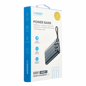 VEGER išorinė baterija 10000 mAh su įmontuotais kabeliais Micro USB / Type C / Lightning C10 (W1116) juoda