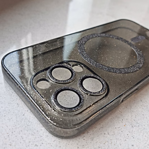 Blizgus magnetinis dėklas telefonui Iphone 14 Pro juodas skaidrus