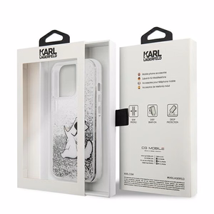 Karl Lagerfeld Skystas blizgučiai Choupette Fun dėklas telefonui iPhone 13 Pro Max 6.7" - sidabrinis