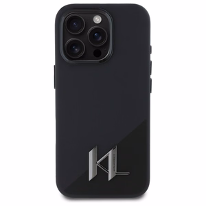 Karl Lagerfeld Silicone Shadow Metal Initial Magnetinis iPhone 16 Pro dėklas - juodas