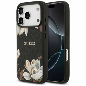 Guess Grained Flowers Classic Logo MagSafe чехол iPhone 17 Pro - черный