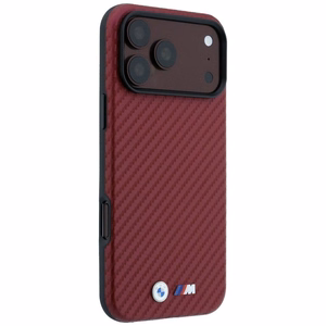 BMW dėklas, skirtas iPhone 18 Pro / 17 Pro: (Carbon Metal Logo), suderinamas su MagSafe, spalva – bordo