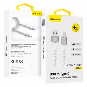 Blavec kabelis Raptor pintas - USB į Type C - PD 66W 6A 2 metrai Apple CarPlay/Android Auto (CRA-UC6WS20) baltas-sidabrinis