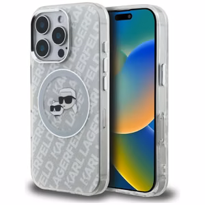 Karl Lagerfeld IML Glitter Karl & Choupette Heads Logo MagSafe dėklas iPhone 16 Pro Max - pilkas