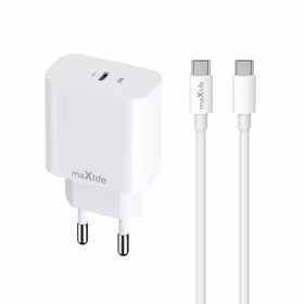"Maxlife MXTC-06-20C PD QC įkroviklis 1x USB-C 20W baltos spalvos + USB-C - USB-C kabelis 20W