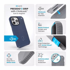 Speck Presidio2 Grip dėklas su MagSafe ir ClickLock, skirtas iPhone 16 Pro Max, „Coastal Blue/Dust Grey“