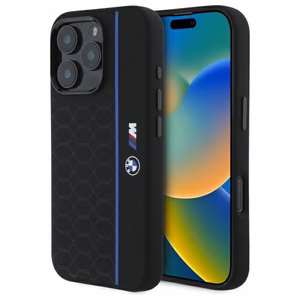 BMW силиконовый Чехол шестиугольник синяя линия MagSafe iPhone 16 Pro - чёрный