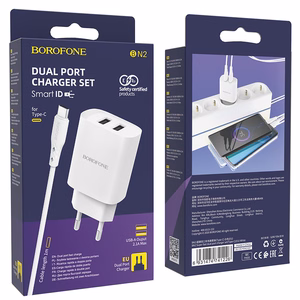 Borofone Sieninis įkroviklis BN2 Super - 2xUSB - 2,1A su USB į Type C baltas