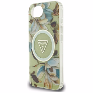 Guess IML Metal Glitter Flowers Triangle Magnetinis dėklas telefonui iPhone 16e - žalias