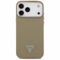 Guess Grained Triangle Logo Magnetinis dėklas telefonui iPhone 17 Pro Max rudas