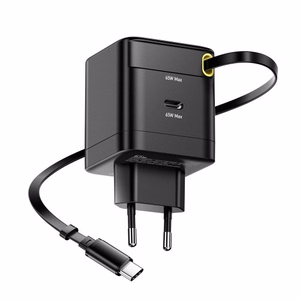 Įkroviklis Essager Ruizi juodas 65W (1xPD) + integruotas Type-C laidas