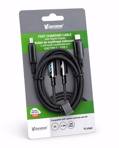Vakoss TC-U560 USB-C to USB-C Cable with Digital Display, 100W, 1.5m, Black
