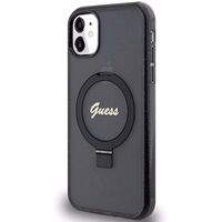 Guess Ring Stand Script Glitter Magnetinis dėklas telefonui iPhone 11 / Xr - juodas