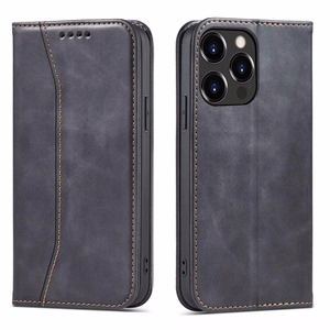Magnet Fancy Case dėklas iPhone 14 Pro Max su flip dangčiu, pinigine ir stovu - juodos spalvos