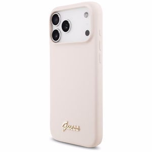rožinis Guess Silicone Script Metal Logo MagSafe dėklas Iphone 18 Pro Max / iPhone 17 Pro Max