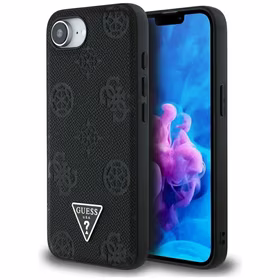Guess Grained Hot Stamp Peony Triangle Logo Magnetinis dėklas telefonui iPhone 16e - juodas