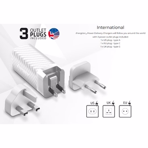 Energizer Ultimate A65MUC GaN kelioninis tinklo įkroviklis su EU / UK / US kištukais, USB-C + USB-A, 65 W PD, su USB-C laidu, juodas