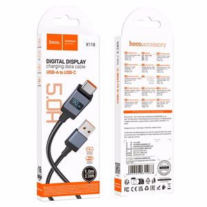 Kabelis USB A į USB C Hoco 5A su ekranu 1 m X118 juodas