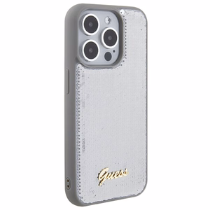 Guess Blizgučių Metalinis Užrašas dėklas telefonui iPhone 15 Pro - sidabrinis
