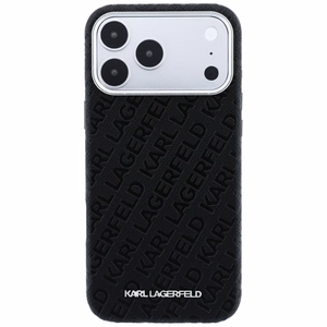 Karl Lagerfeld Grained Allover Logo Metal Elongated MagSafe dėklas, skirtas iPhone 18 Pro / 17 Pro, juodas