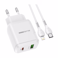 BLUE POWER Sieninis įkroviklis PD20W+QC3.0 BALTAS LIGHTNING LAIDAS