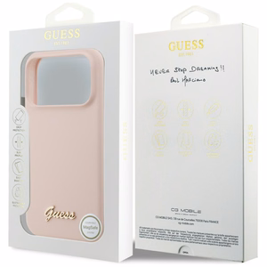 rožinis Guess Silicone Script Metal Logo MagSafe dėklas Iphone 18 Pro Max / iPhone 17 Pro Max