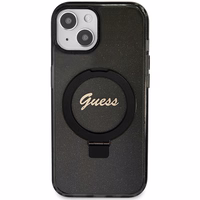 Guess dėklas telefonui su stovu Ring Stand Script Glitter magnetinis iPhone 15 Plus / 14 Plus - juodas