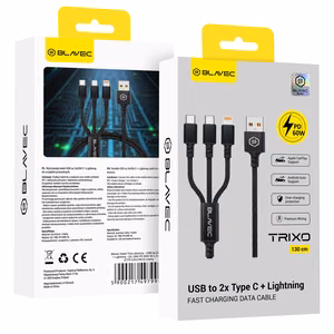 Blavec Trixo pintas kabelis - USB į 2xType C + Lightning - QC 18W PD60W 3A 1,3 m (CTR-U2CL3B13) juodas