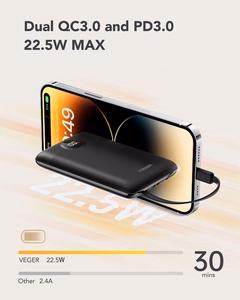 VEGER išorinė baterija 10000 mAh su įmontuotais kabeliais Type C / Lightning PD QC3.0 2A 22,5W C11 (W1170) juoda