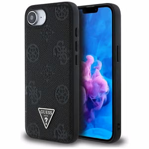 Оригинальный чехол GUESS Grained Hot Stamp Peony Triangle Logo MagSafe для iPhone 17e/16e чёрный