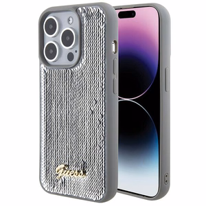 Guess Blizgučių Metalinis Užrašas dėklas telefonui iPhone 15 Pro - sidabrinis