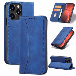 Magnetinis puošnus dėklas telefonui iPhone 14 Plus su atverčiamu dangteliu, pinigine ir stovu, mėlyna