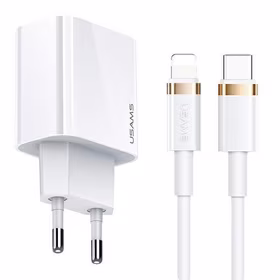 USAMS tinklo įkroviklis 1XUSB-C T34 20W 5V-3A PD3.0 + laidas U63 USB-C į Lightning 20W baltas T49OCLN01